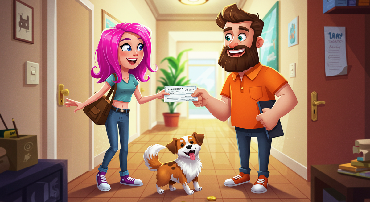 a female tenant paying the landlord a pet deposit with her pet happily jumping and wagging its tail