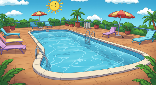 A cartoon-style image of an in-ground swimming pool with lounge chairs at a rental property