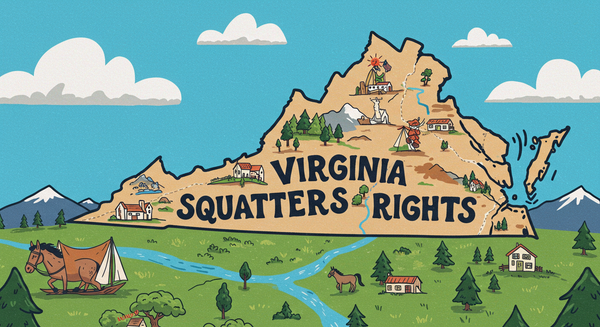 Virginia Squatters Rights text overlayed on outline of Virginia state with horses and green fields