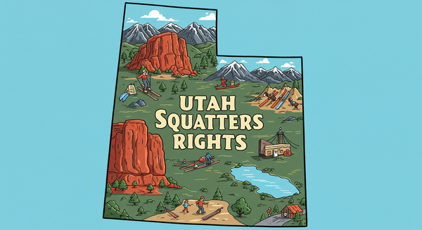 Utah Squatters Rights text overlay on an outline of Utah and skiing, boating, and Utah landscape