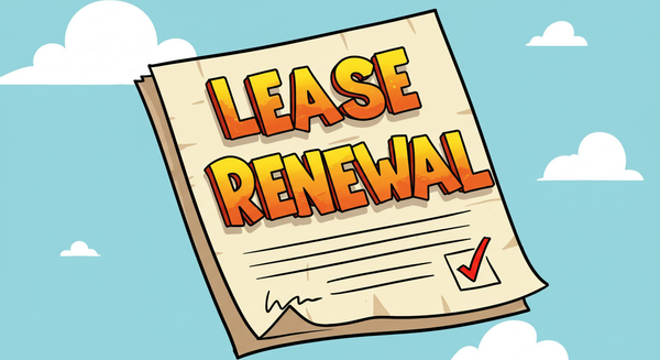 A cartoon-style Lease Renewal document with a signature and a checkmark