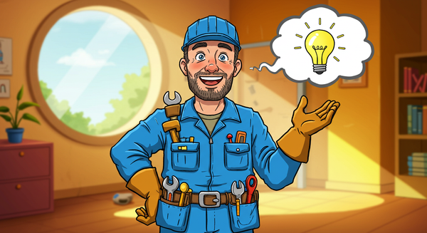 A rental maintenance technician with a light bulb and a bright face indicating he has a bright idea