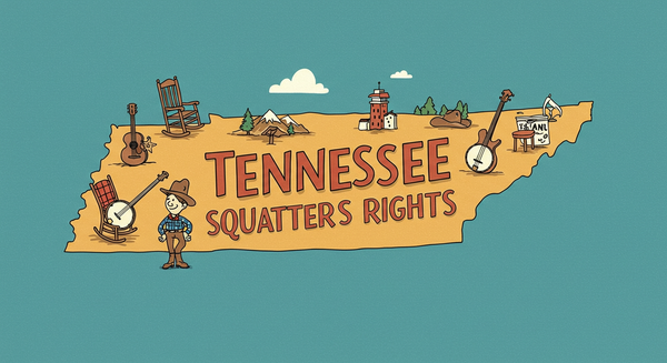 Tennessee Squatters Rights text overlayed on the state of Tennessee outline and Tennessee art including a banjo, guitar, and mountains