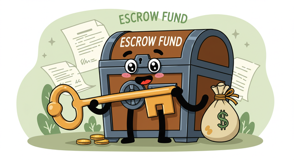 An animated, cartoon-style money chest with a face and hands holding bags of money and a key representing an escrow fund