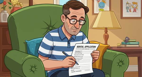 A man sitting down in a green chair reading the back of a rental application while holding a pen in his hand