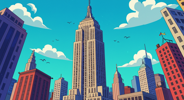 cartoon-style image of NYC skyline focusing on the Empire State Building which was originally built on a ground lease