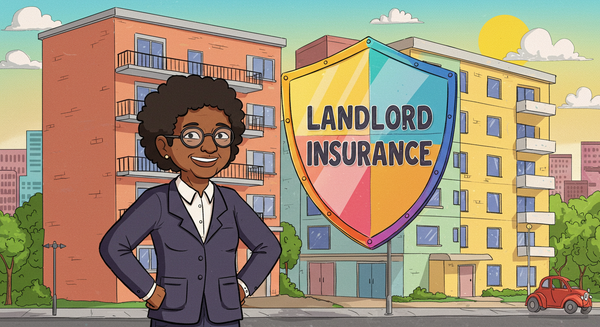 An insurance agent standing outside a rental community with a badge that says landlord insurance