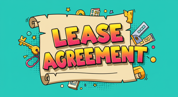 The words Lease Agreement on a scroll in a cartoon-style image
