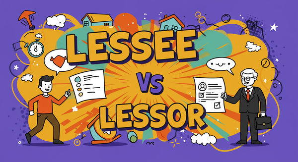 Lessee vs Lessor in cartoon-style text overlayed over a tenant and a landlord talking