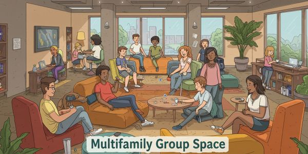 A group of young adults hanging out in a rental community's indoor common area