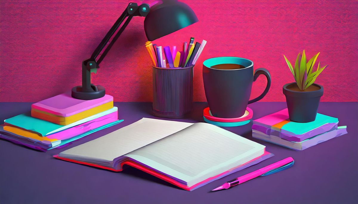 Stylized imaging showing a notebook, pen and other office supplies.
