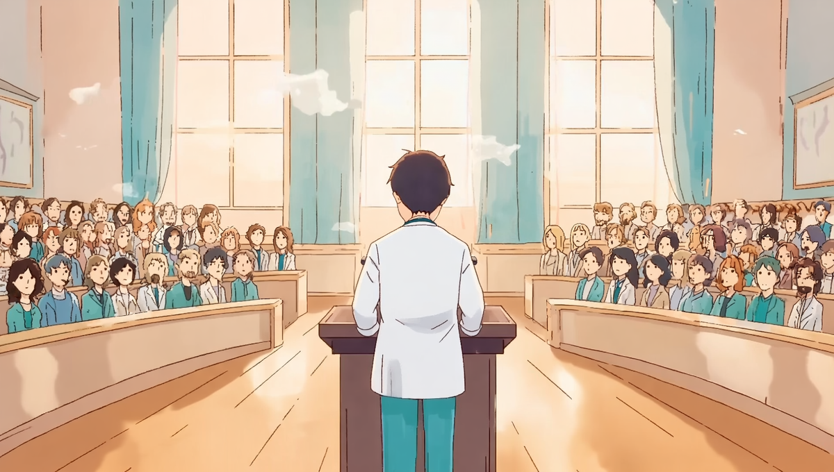 A cartoon image showing a young doctor in front of an audience.