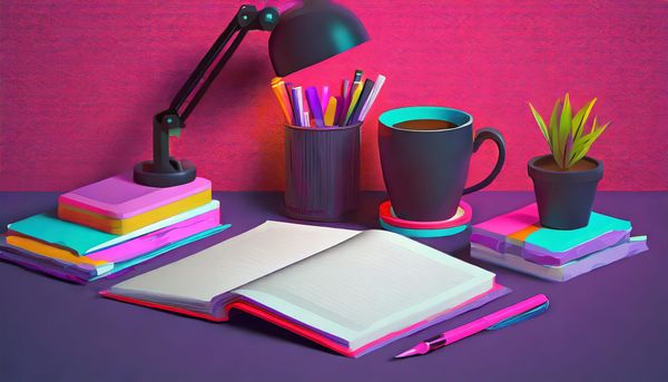 Stylized imaging showing a notebook, pen and other office supplies.