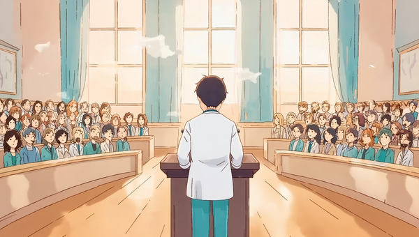 A cartoon image showing a young doctor in front of an audience.
