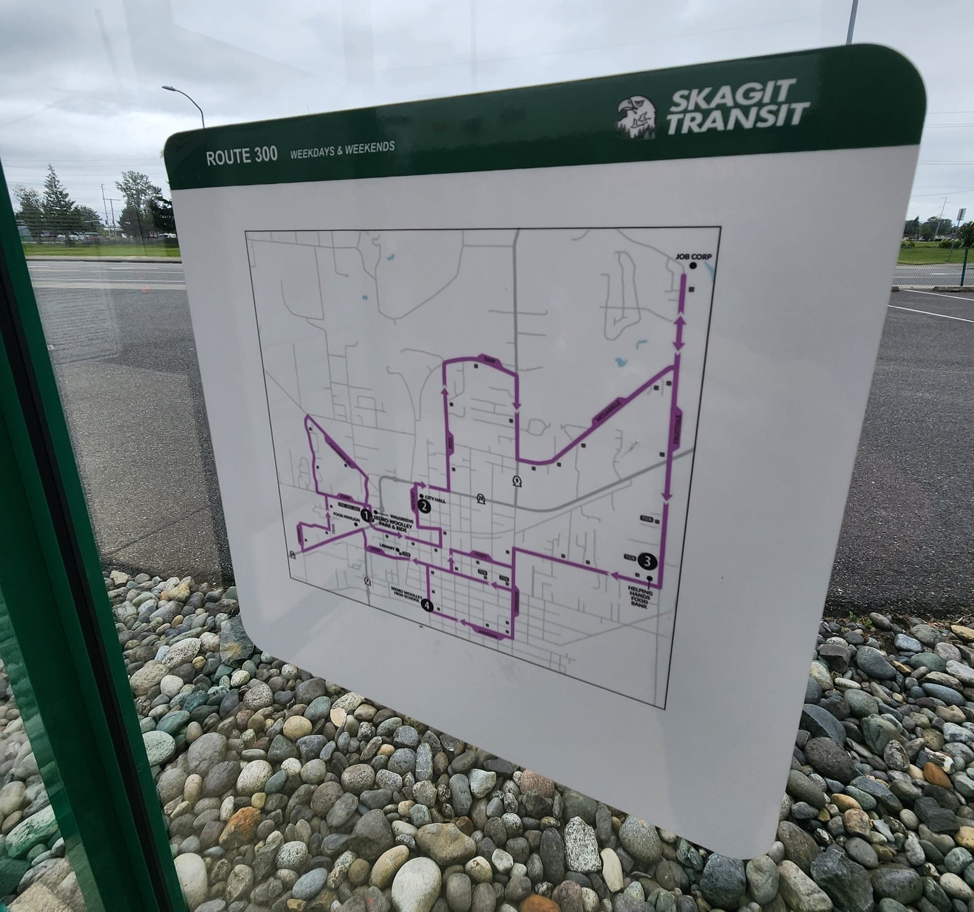 A route diagram of Route 300, which has a complicated route through and around Sedro-Woolley.
