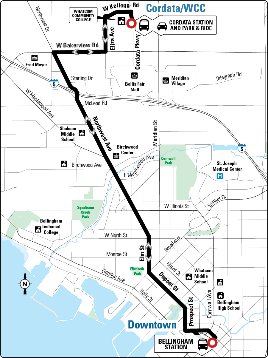 A diagram of Route 232 between Bellingam Station and Cordata Station.