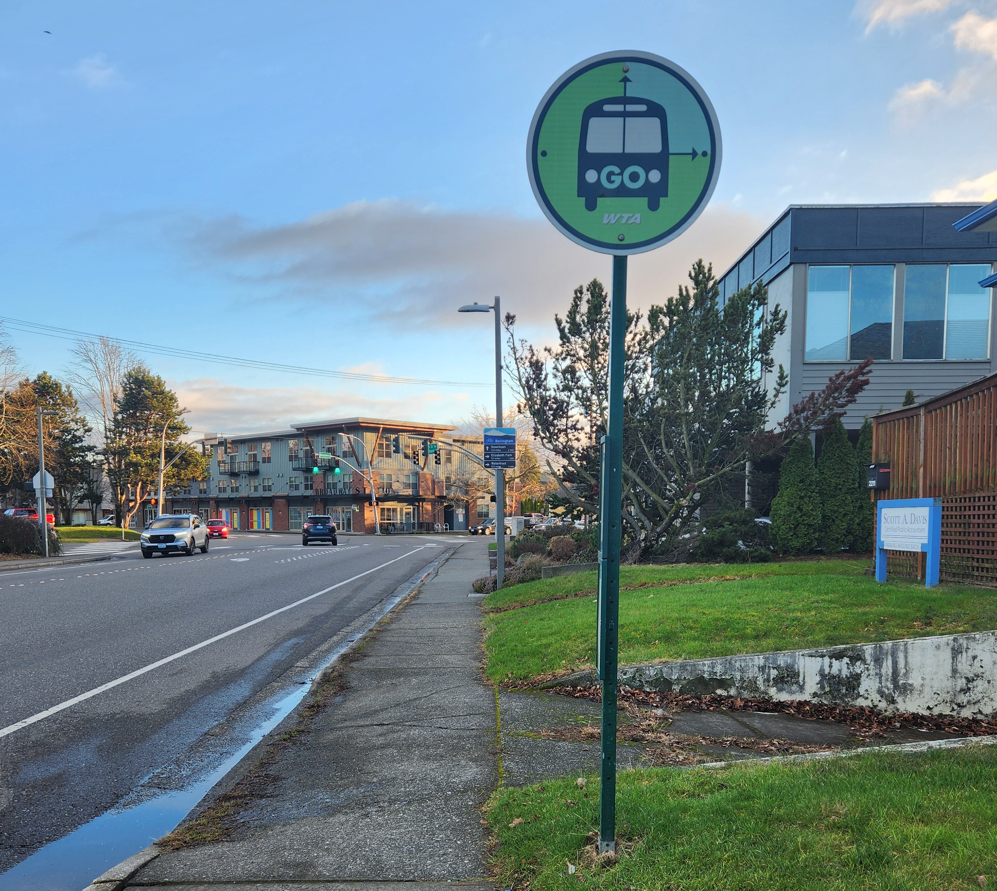 A WTA bus stop on Northwest Avenue. 