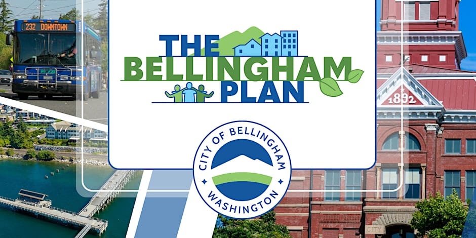 A graphic reading "The Bellingham Plan" with a Route 232 bus, Old City Hall, and Taylor Dock. 