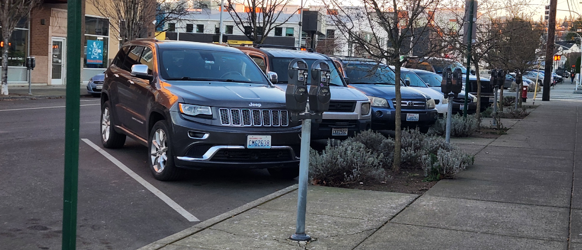 A row of SUVs parked in angled parking spots.