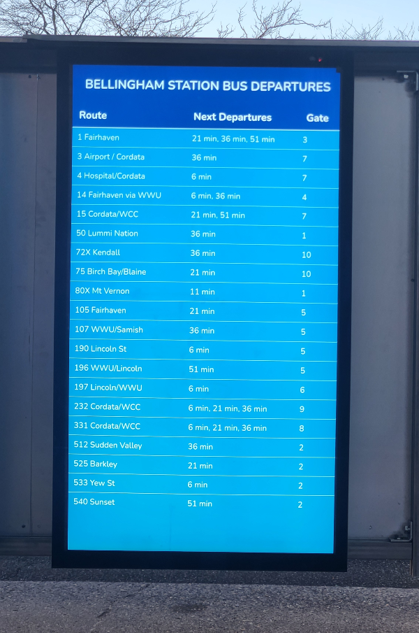 Scheduled bus departures are displayed on information screens installed last year on the Bellingham Station concourse. 