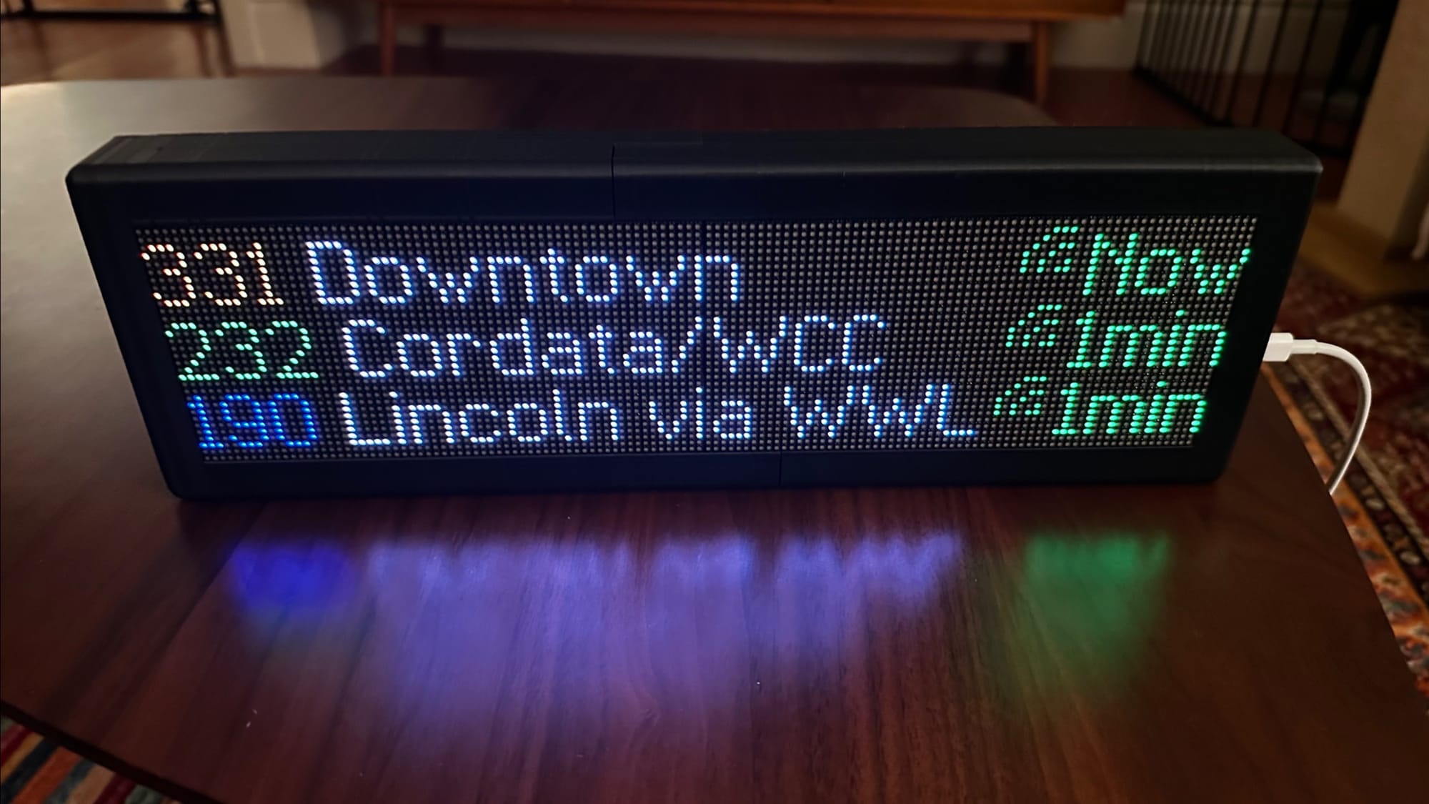 An example of a do-it-yourself LED transit arrival information display board showing arrivals for WTA bus routes 190, 232, and 331.
