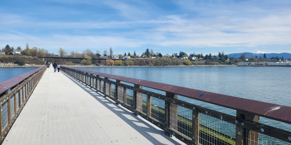 Looking along a pier toward land, with a few people walking in the distance.
