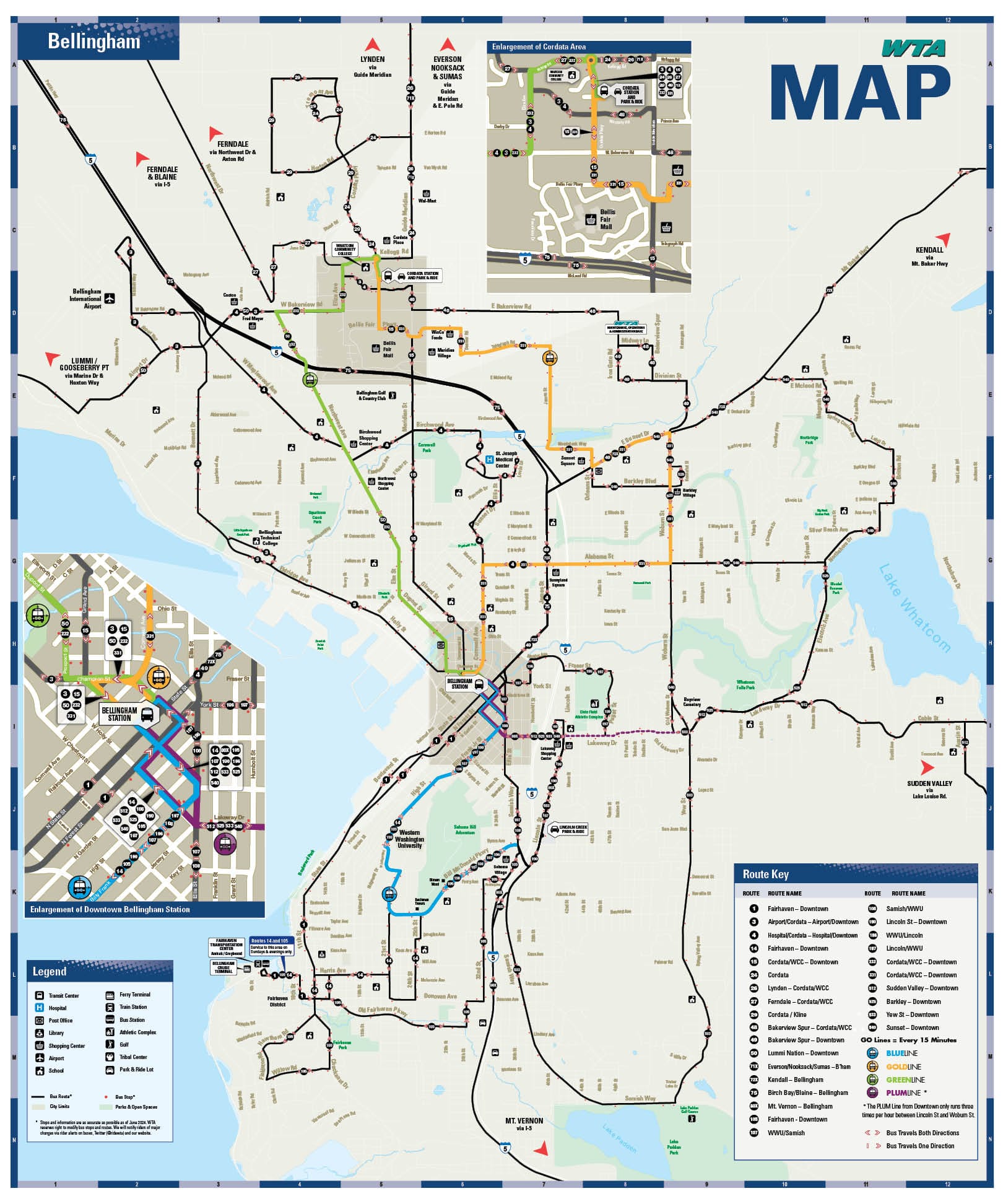 A fixed route diagram of WTA's bus network in Bellingham, including the Blue, Green, Gold, and Plum GO Line frequent service corridors that converge downtown.