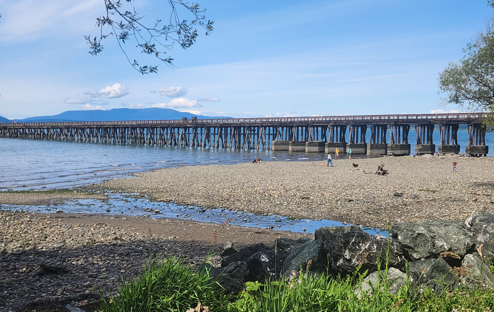 A pier juts out into the water with a rocky beach in the foreground.