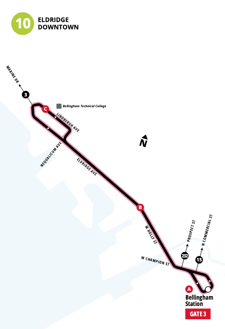 A route digram showing WTA's new Route 10 bus, which connects Bellingham Station with Bellingham Technical College via W. Holly Street and Eldridge Avenue.