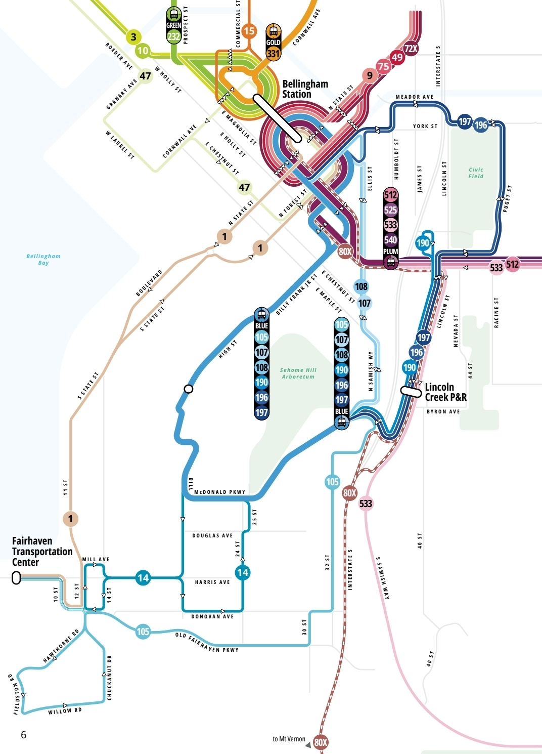 A system diagram of the Whatcom Transit Authority bus network in Bellingham.