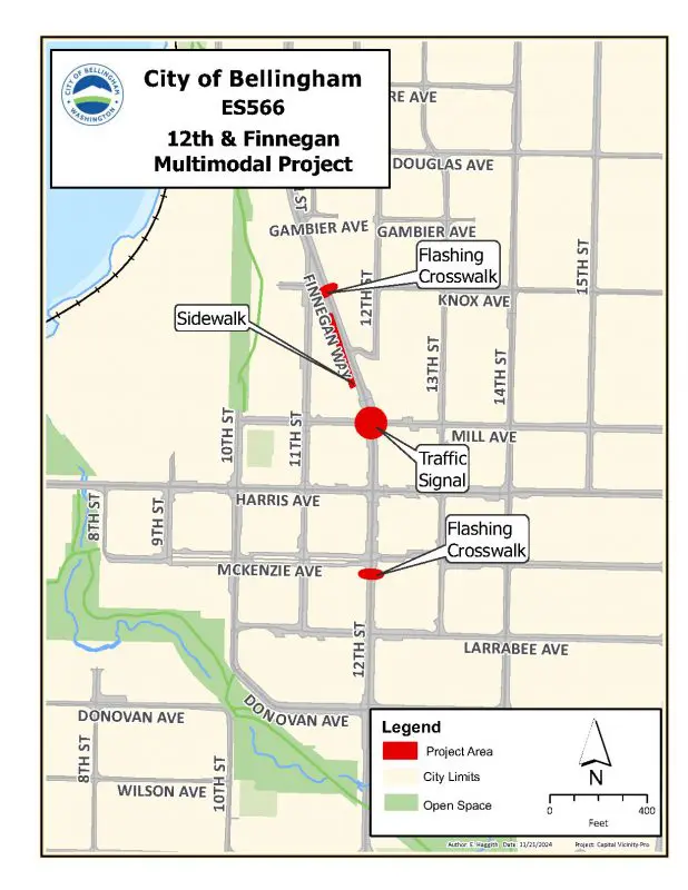 A map showing the locations of the 12th Street and Finnegan Way Multimodal Projects in Fairhaven.