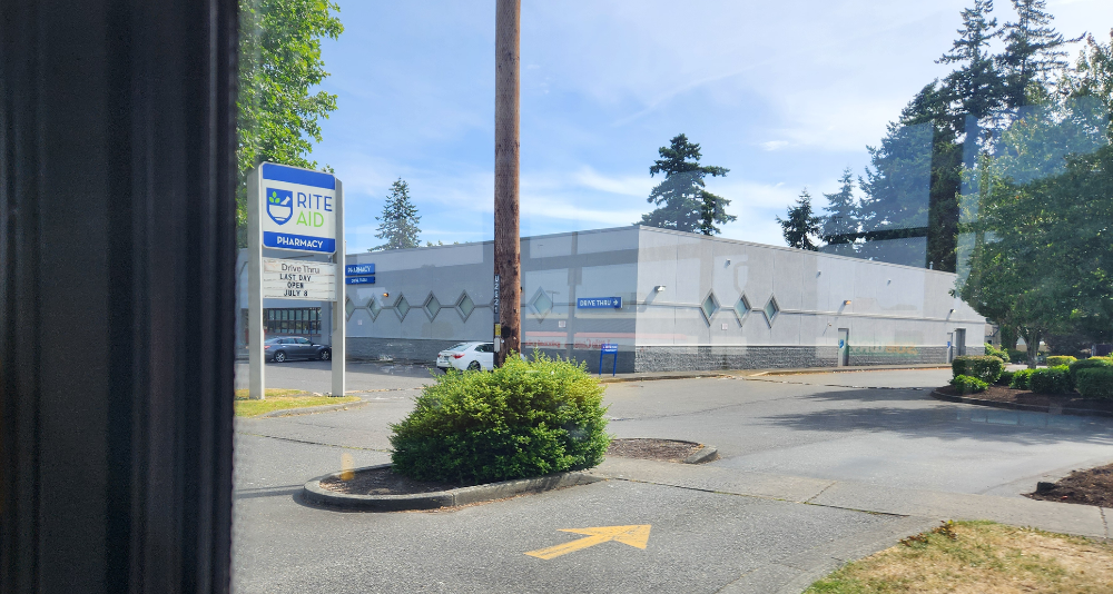 The Rite Aid location on Northwest Avenue in Bellingham, seen here from a passing Route 232 bus.