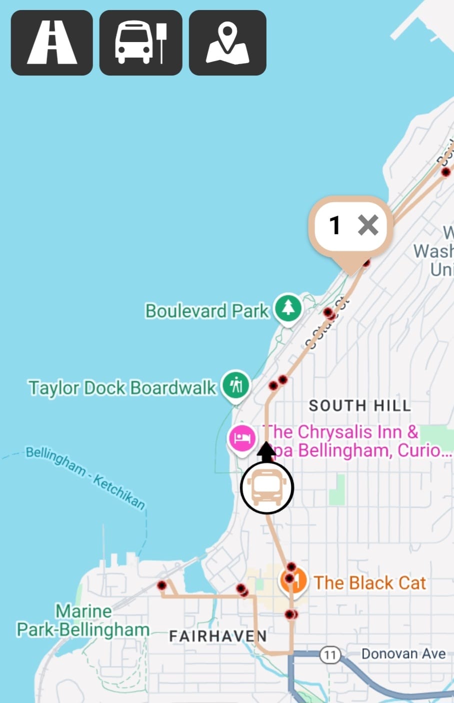 A screengrab of WTA's BusTracker app showing a Downtown-bound Route 1 bus from Fairhaven approaching the stop at 11th Street & Taylor Avenue.