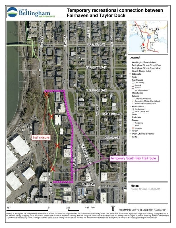 pink-dotted line shows the pedestrian detour for the South Bay Trail between the Fairhaven Village Green and Taylor Dock.
