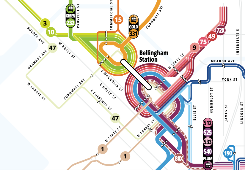 A Downtown Bellingham inset for WTA's route diagram, showing how Routes 3, 10, 47 connect Bellingham Station with the waterfront. 