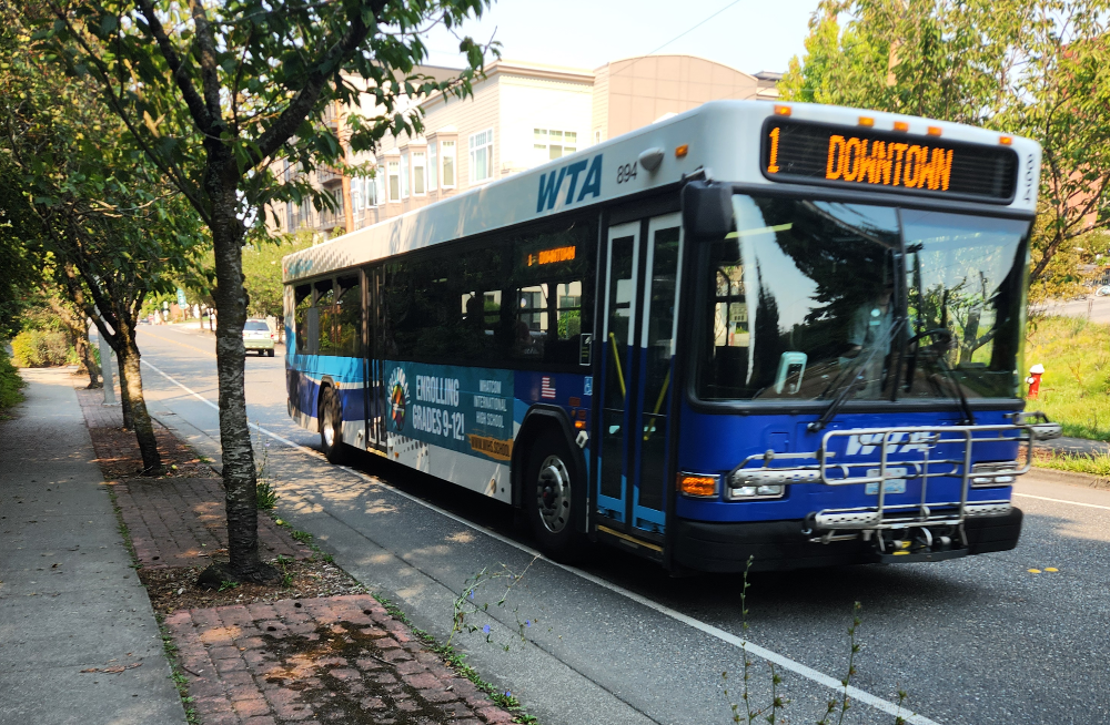 A WTA Route 1 bus with a Downtown destination sign.