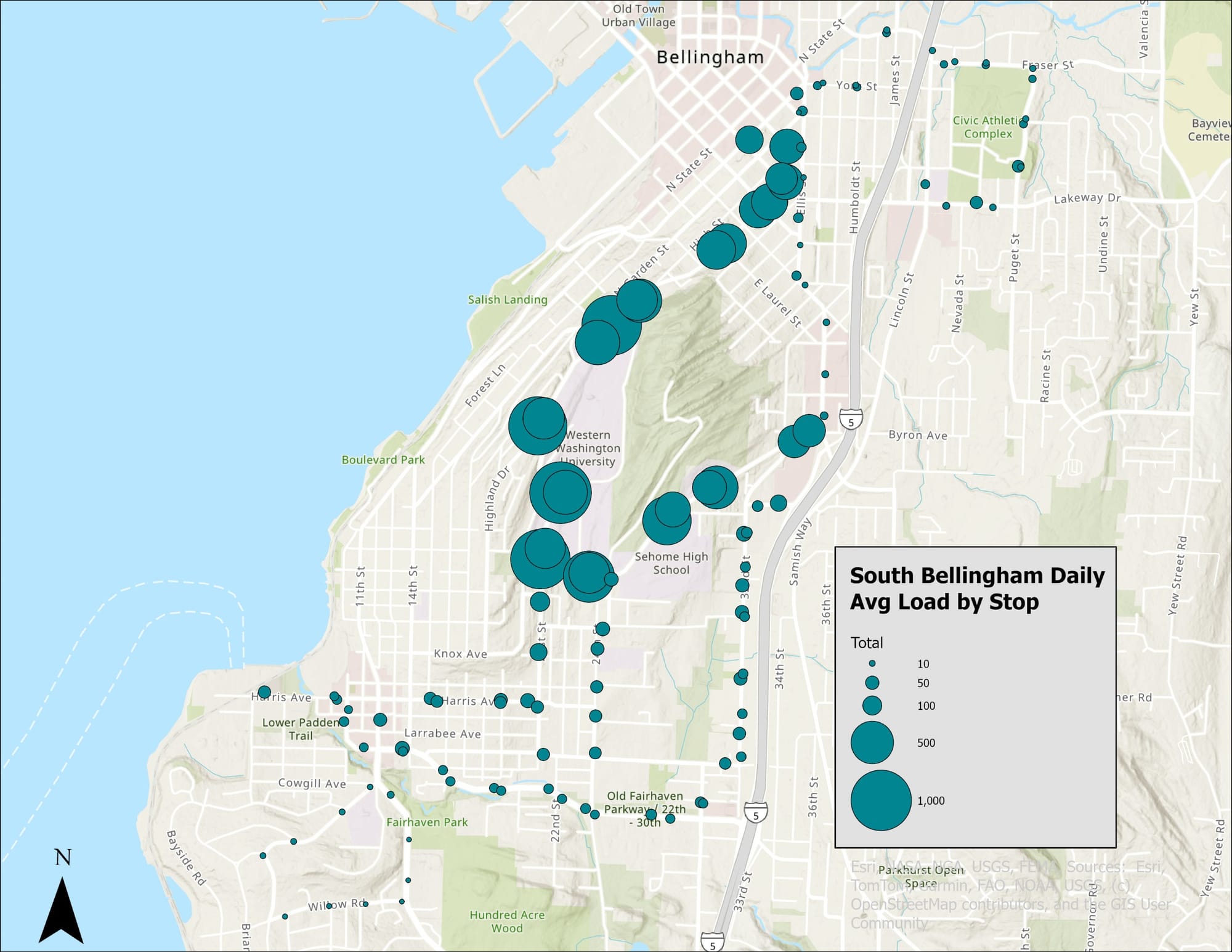 A map of bus stops south of Downtown Bellingham showing average passenger load by stop with the highest ridership along the current Blue GO Line.