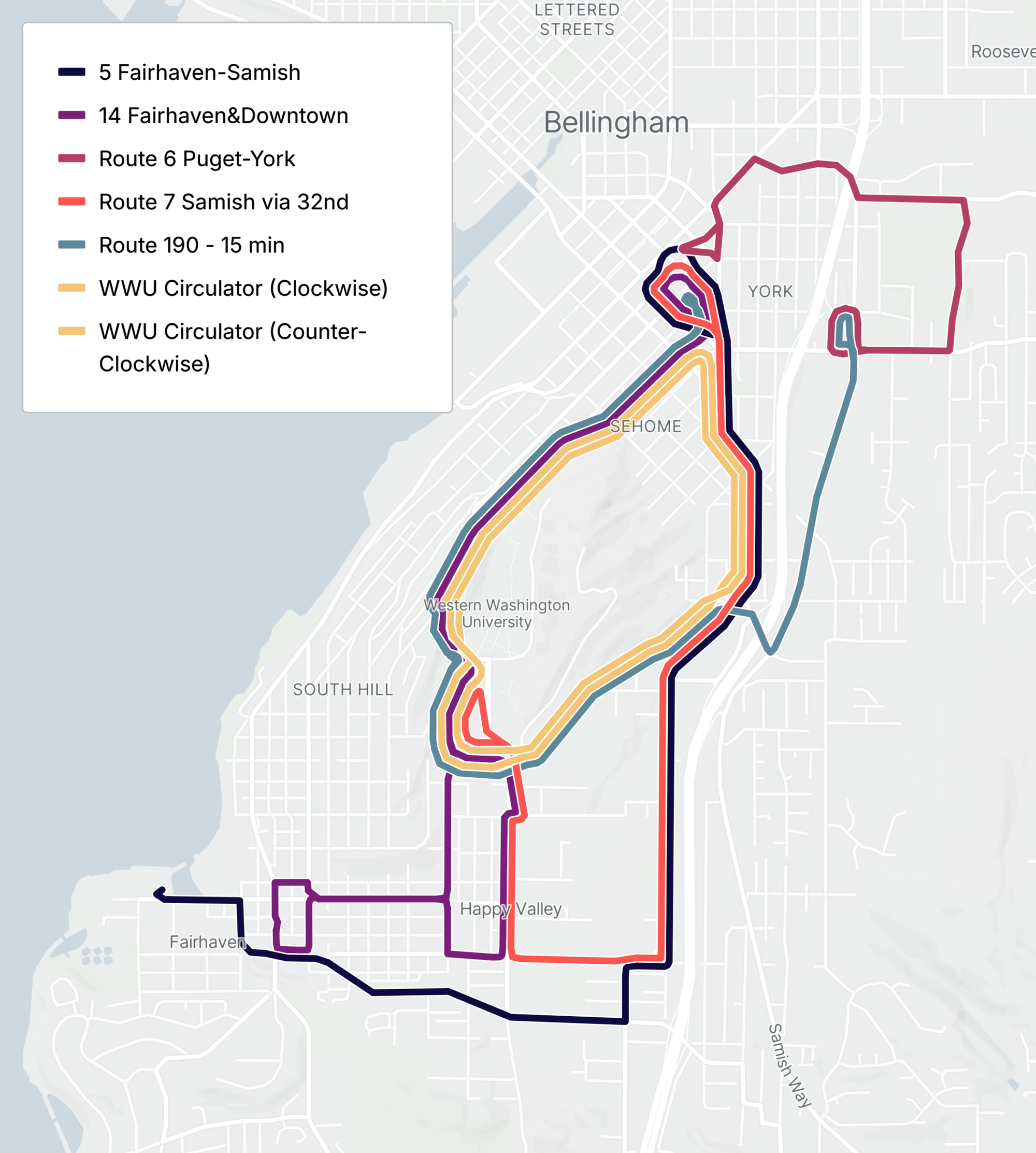 This WTA diagram shows the proposed network of bus routes that would serve Western Washington University and the Fairhaven, Happy Valley, Puget and York neighborhoods south and east of Downtown Bellingham. 