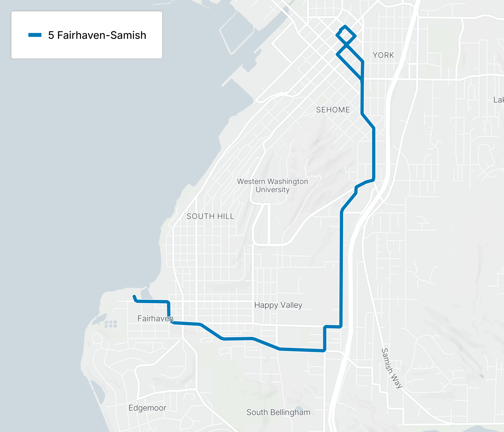 A mao showing the proposed new Route 5 with a more direct routing between Fairhaven and Downtown Bellingham via 32nd Street and Samish Way.