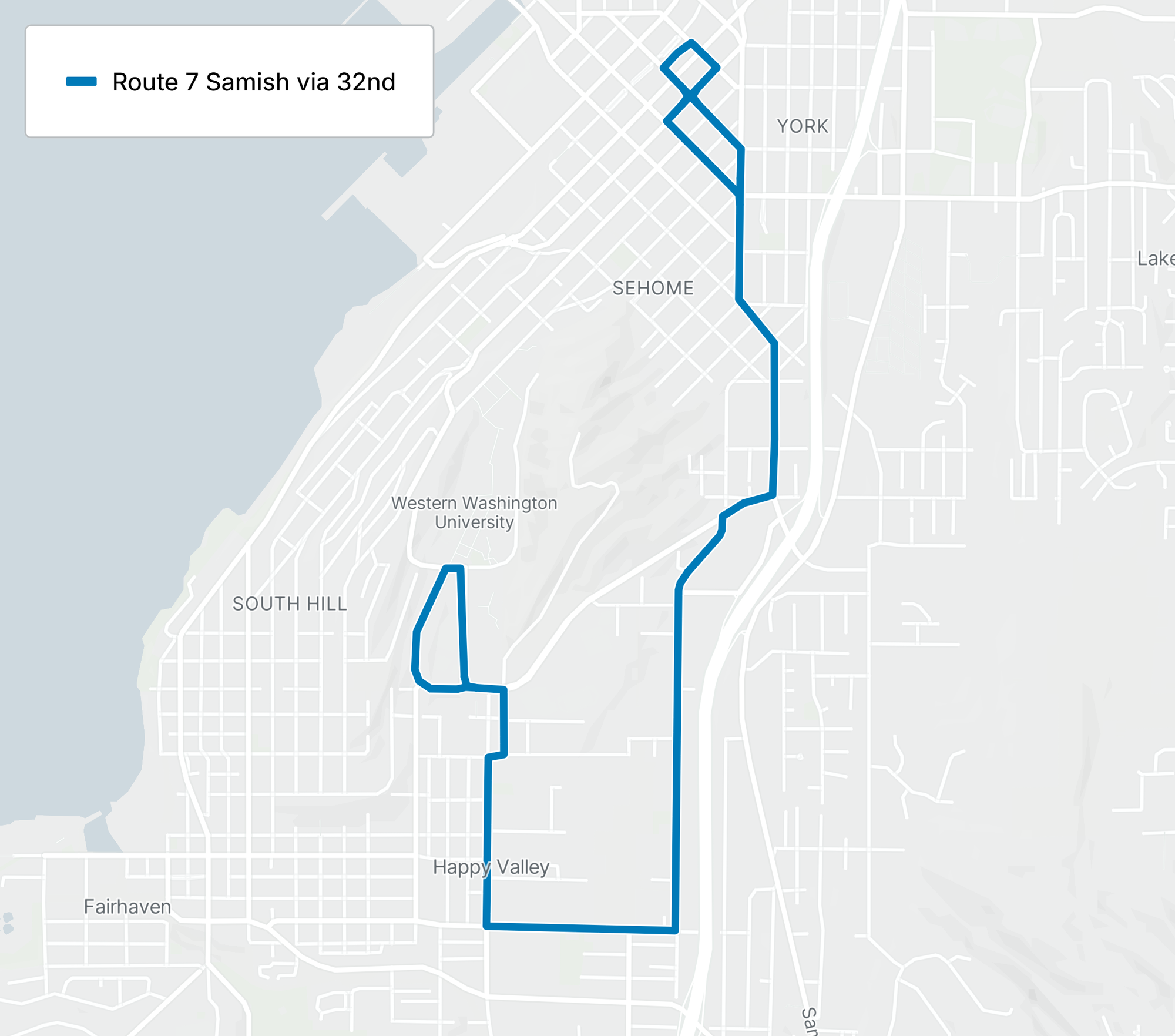 With WTA's summer 2025 service proposal, the new Route 7 would be introduced, connecting Downtown Bellingham with Western Washington University's South Campus via Samish Way, 32nd Street, and Happy Valley.