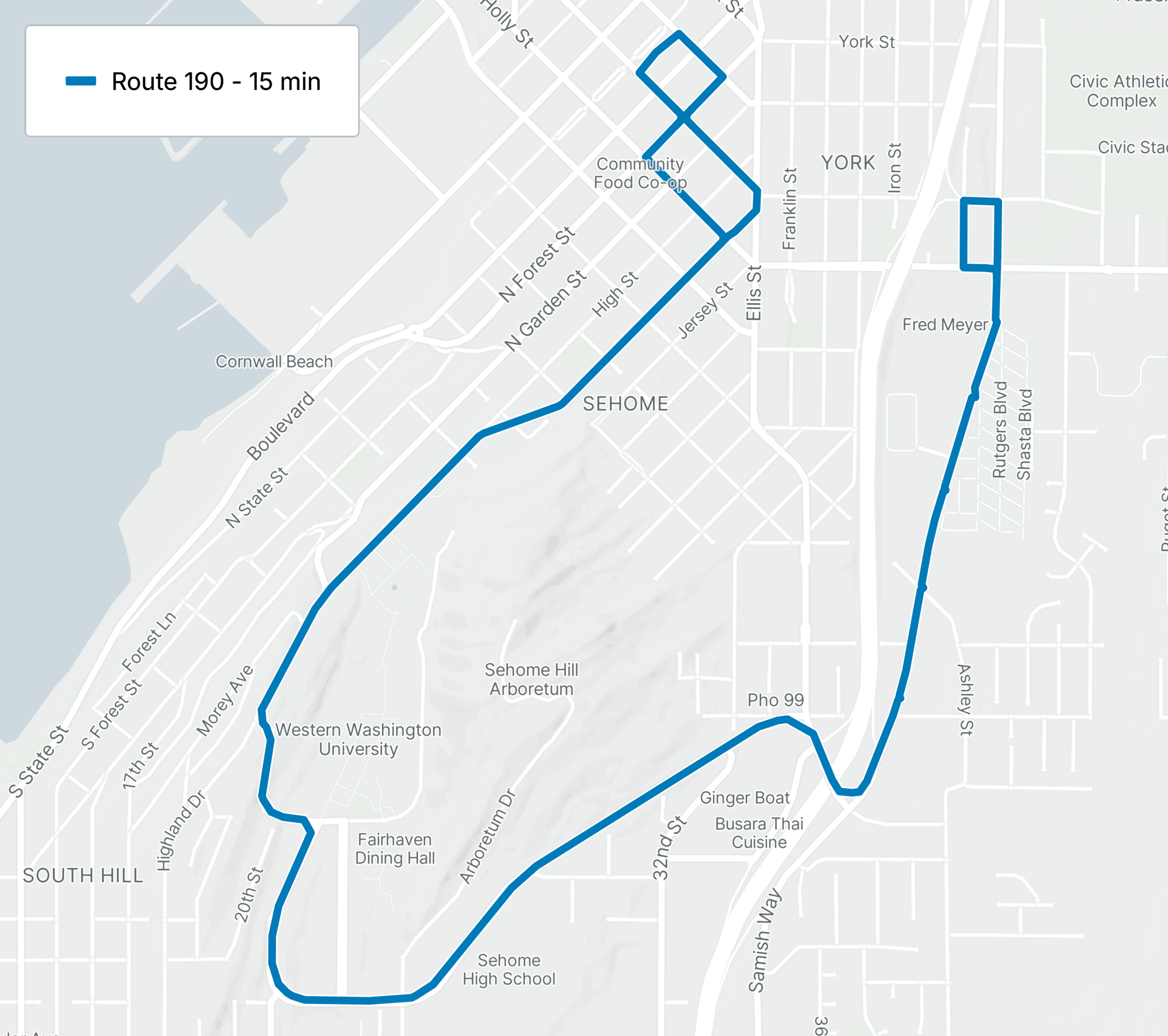 A map showing WTA's Route 190 serving the campus of Western Washington University.