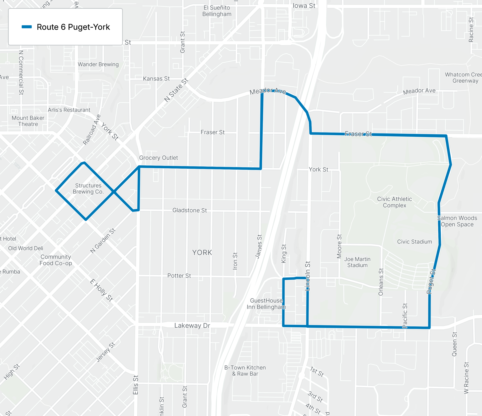 Under WTA's summer 2026 service proposal, part of the Routes 196/197 loop between Downtown Bellingham and the Puget neighborhood would be replaced by Route 6.
