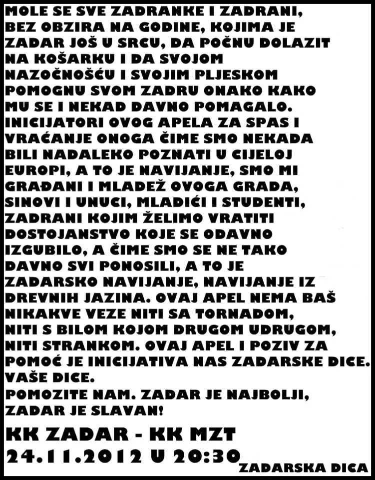 Mladi navijači poručili: Mi smo Zadrani, Zadar je naš! Vidimo se na utakmici Zadra i MZT-a