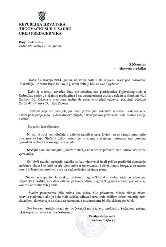 Reagiranje Ardene Bajlo na objavljeni članak