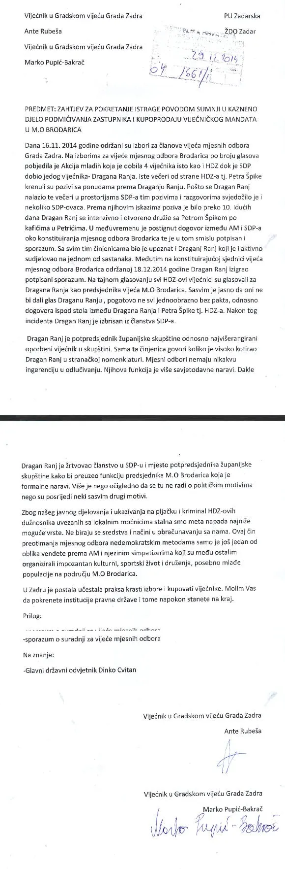 Pupić Bakrač i Rubeša prijavili Dragana Ranja zbog “kupoprodaje mandata”