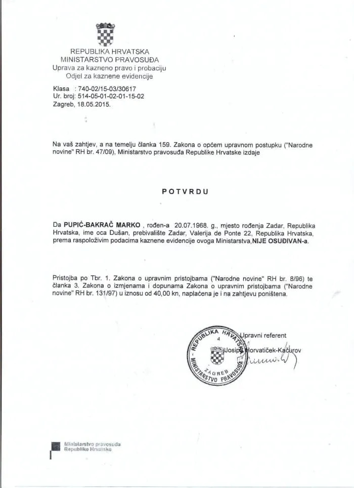 Pupić Bakrač dostavio uvjerenje kojim demantira Kalmetu