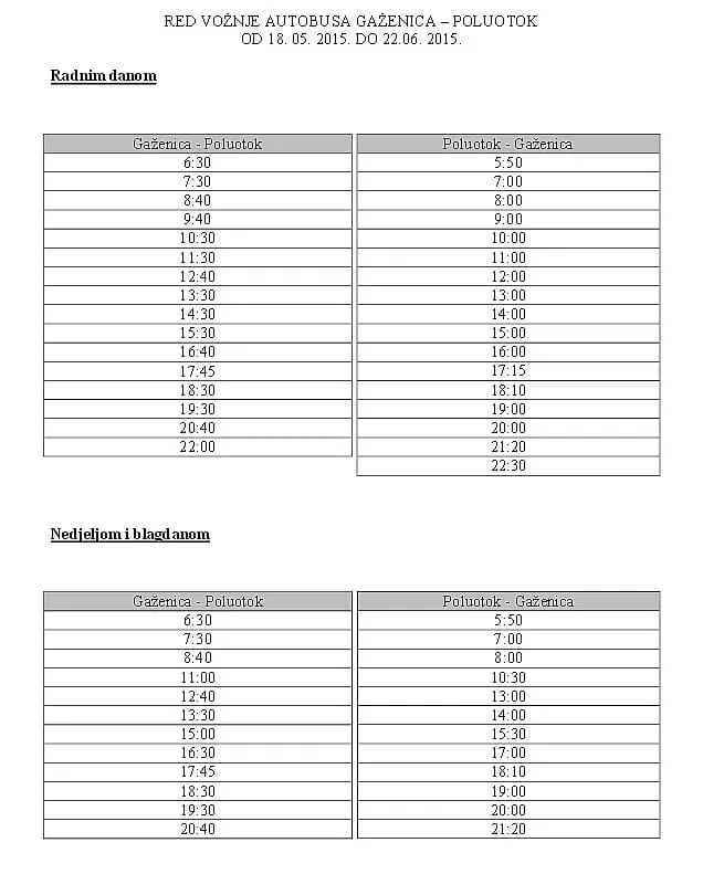 Raspored autobusne linije Gaženica – Poluotok