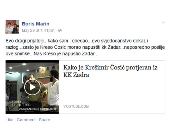 VIDEO: Boro Poštar objavio ekskluzivni video – “Kako je Krešimir Ćosić protjeran iz KK Zadar”