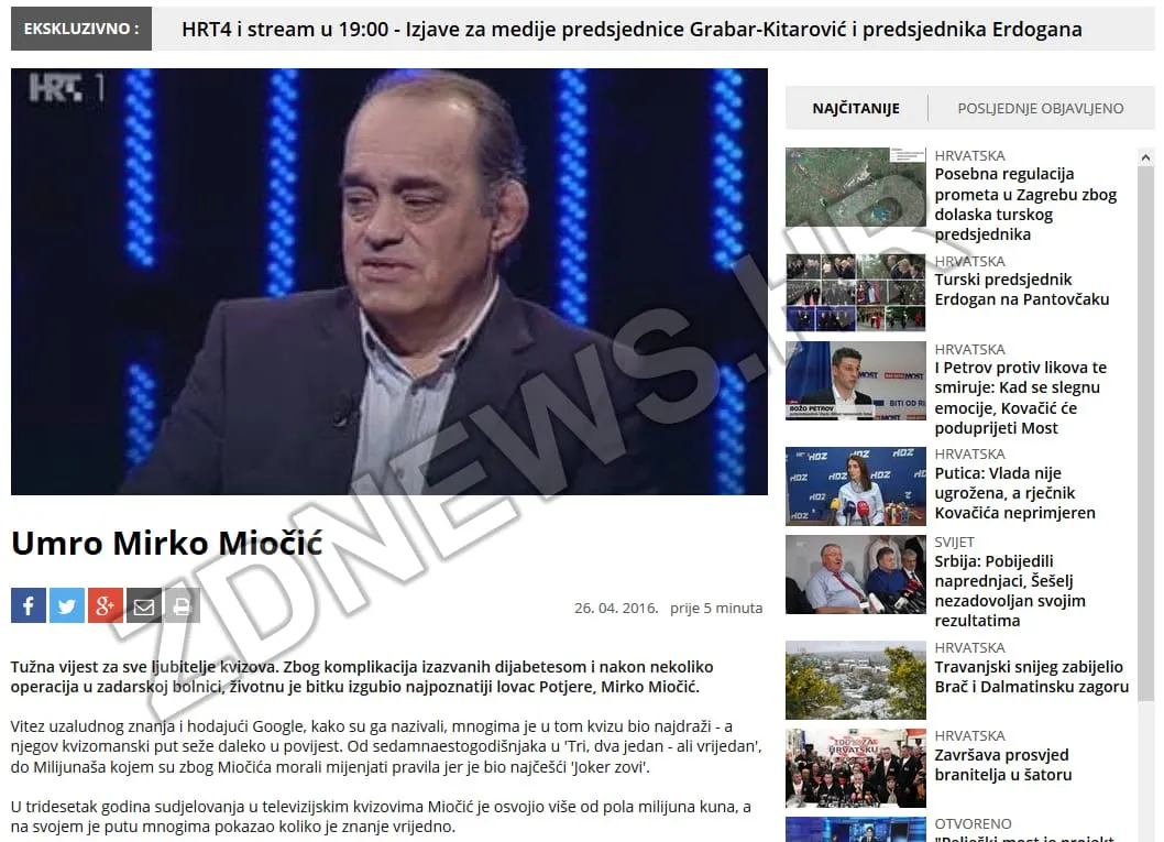 [POGLEDAJTE ORIGINALNI ČLANAK UKLINJEN S WEB STRANICA HRT-a] Sramotan gaf HRT-a: Objavili su lažnu vijest o “smrti” Mirka Miočića