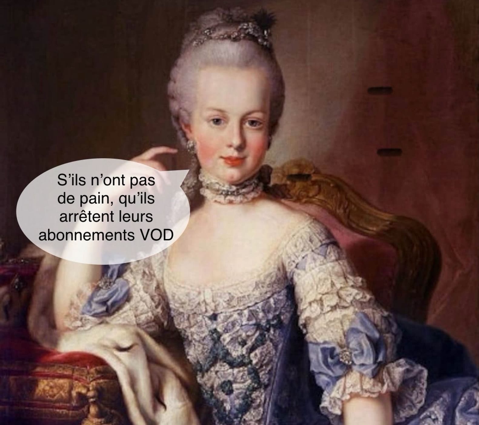 Meme représentant Marie-Antoinette, et sa célèbre citation pâtissière, légèrement détournée : "S'ils n'ont pas de pain, qu'ils arrêtent leurs abonnements VOD"